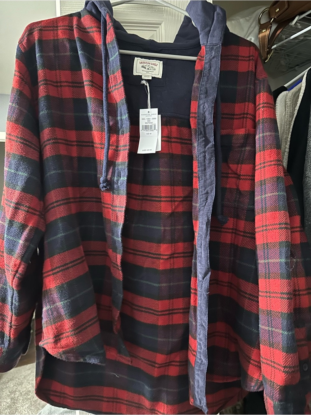 American Eagle Outfitters Red & Navy Plaid Hooded Flannel Jacket